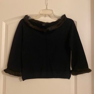 Crop black sweater with faux fur collar and faux fur trim on sleeves